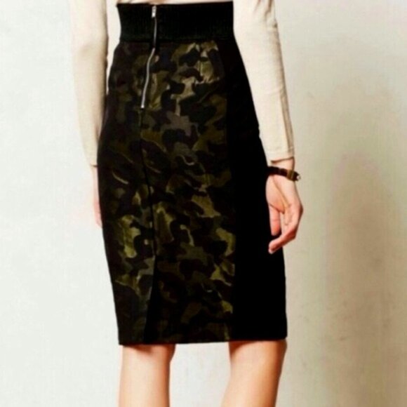 Anthropologie Maeve Jacquard Camo Khaki & Black Side Stripe Pencil Skirt 4 - Picture 14 of 16